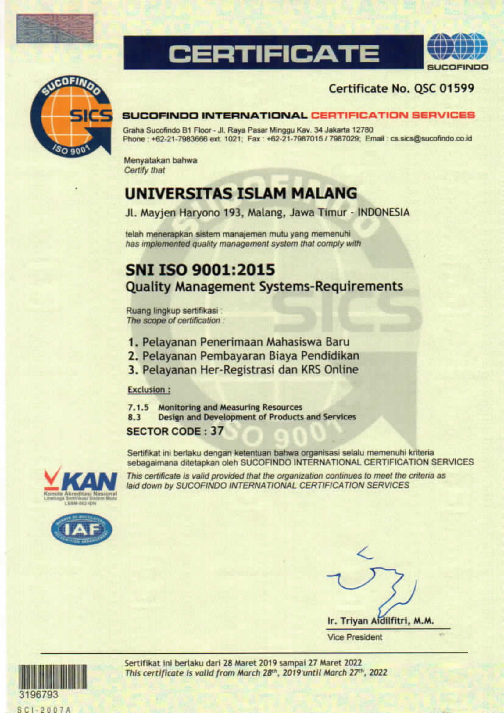 UNISMA Bersertifikat ISO 9001:2015